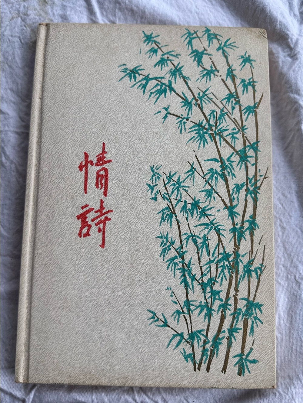 Vintage White Hardcover Book with Teal Bamboo Illustration